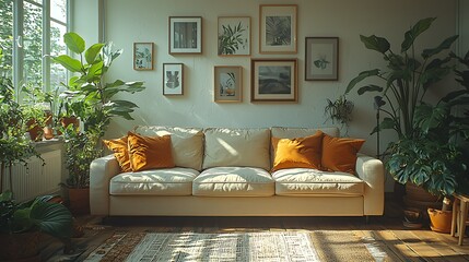 Cozy living room with sofa, plants, and framed art.