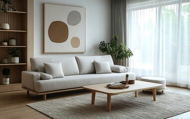 Modern minimalist living room interior with beige sofa, wooden furniture, and abstract art.