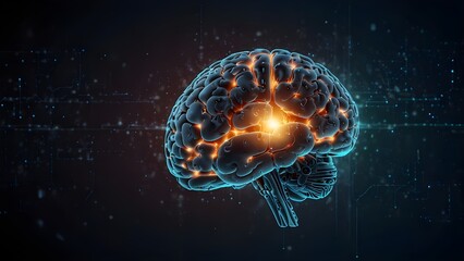 The idea of artificial intelligence meets big data. A human brain that glows from a processor represents the combination of machine learning and human intelligence. The development of technology in