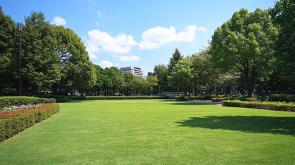 Obraz premium 47.A spacious, green lawn featuring a carefully groomed surface of closely trimmed grass, bordered by a variety of flowering shrubs and small trees. The lawn has a rich green tone, blending