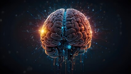 The idea of artificial intelligence meets big data. A human brain that glows from a processor represents the combination of machine learning and human intelligence. The development of technology in