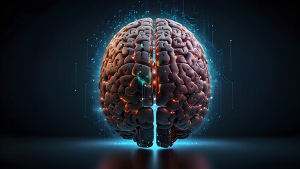 The idea of artificial intelligence meets big data. A human brain that glows from a processor represents the combination of machine learning and human intelligence. The development of technology in