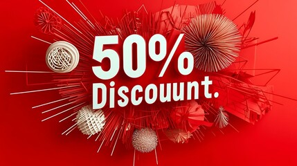 A vibrant red banner with bold white text reading "50% Discount." The text occupies the center, large font size. Surrounding the text are minimalist ornaments creating a dynamic feel. The discount