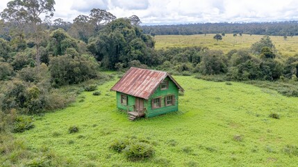 Fototapeta premium Secluded Green House in Lush Tropical Meadow Landscape