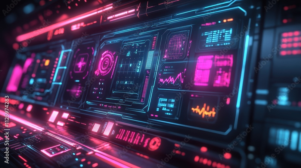 Poster futuristic control panel with vibrant neon displays and data visualizations.