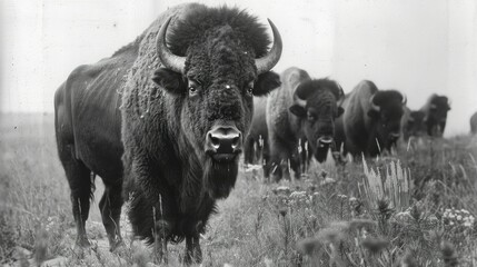 A herd of bison, one in the foreground, in a black and white photograph.