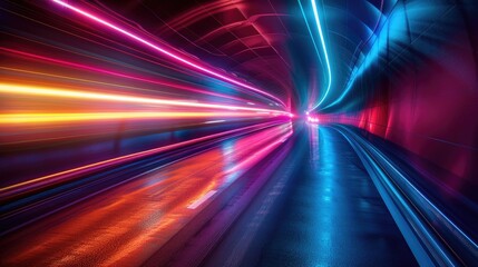 Abstract light trails in a tunnel, vibrant colors, speed and movement.