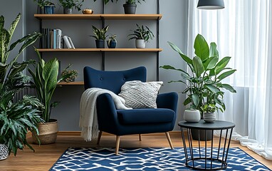 Blue armchair with plants and shelves in a modern living room.