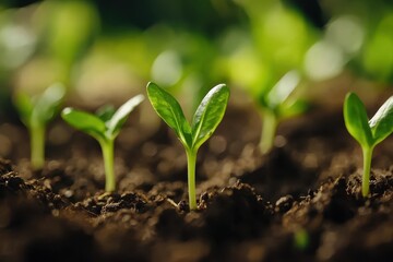 Close-up of young green seedlings sprouting from dark soil. Illustrates growth, new beginnings, and spring.