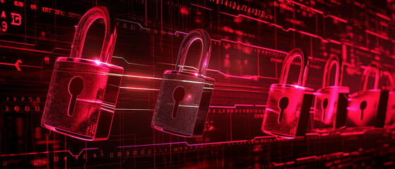 Digital Padlock Security System in a Red and Black Tech Background