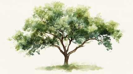 Obraz premium 18.A side-view watercolor of a tree with a thick, leafy canopy in shades of green and soft brown branches. The brushstrokes capture the organic, flowing form of the leaves and branches, creating a