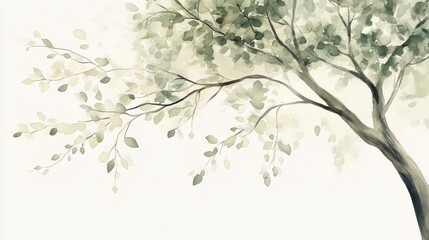 18.A side-view watercolor of a tree with a thick, leafy canopy in shades of green and soft brown branches. The brushstrokes capture the organic, flowing form of the leaves and branches, creating a