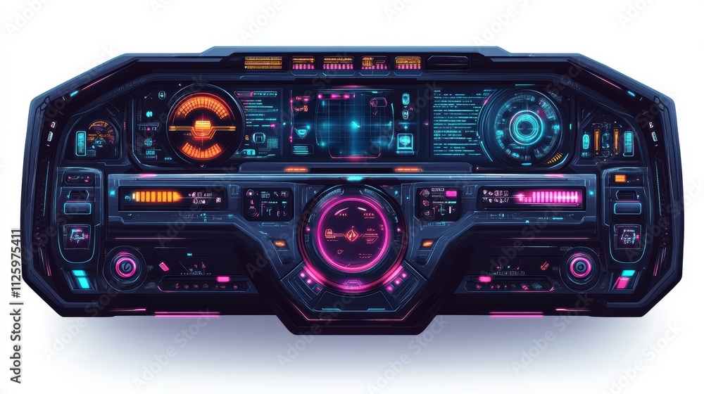 Aufkleber futuristic dashboard design with glowing controls and digital displays.