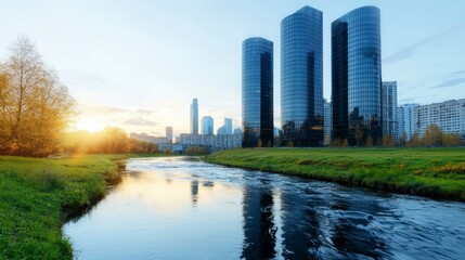 Fototapeta premium Sunset Cityscape River Skyscrapers Modern Architecture Urban Skyline