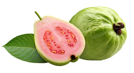 Guava cut in half and whole guava leaf, and guava leaf separated from background without shadow.