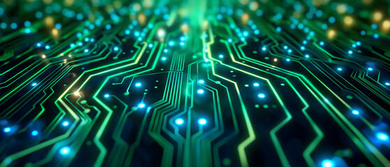 Futuristic Circuit Board with Glowing Green and Blue Lines