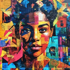 Fototapeta premium Vibrant, colorful mural; woman's face, geometric patterns.