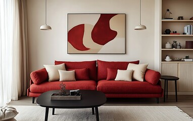 Red sofa, abstract art, and minimalist decor in a modern living room.