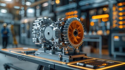 Fototapeta premium Close-up of intricate industrial machinery component on a display table within a factory setting.
