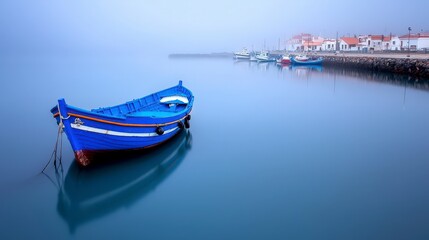 Obraz premium Serene Foggy Harbor Blue Boat Calm Water Coastal Village