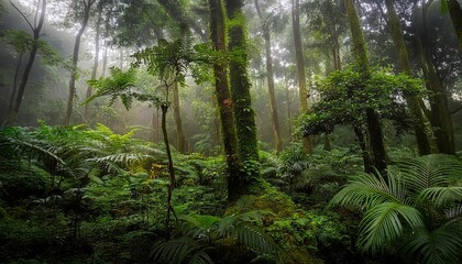 Fototapeta premium Morning Rainforest Path with Lush Greenery and Trees
