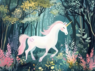 White unicorn in magical, floral forest.
