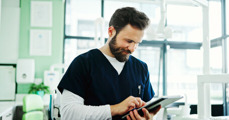 Clinic, online and dentist with tablet for medical service, appointment schedule and research....