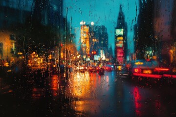 Naklejka premium Rainy night city view through wet glass. Ideal for blogs, websites, or projects needing a moody, urban feel.