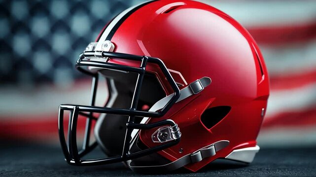 Minimalist composition of an American football helmet sitting in the center of a softly rippling American flag