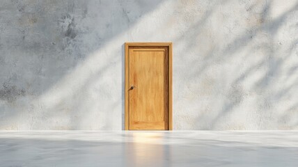 A minimalist wooden door stands against a concrete wall, illuminated by soft shadows, creating a serene and inviting atmosphere.
