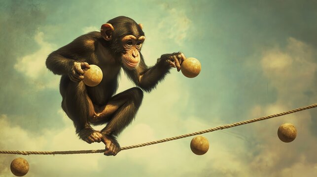 A playful monkey balancing on a rope while juggling balls, showcasing agility and curiosity in its natural habitat.