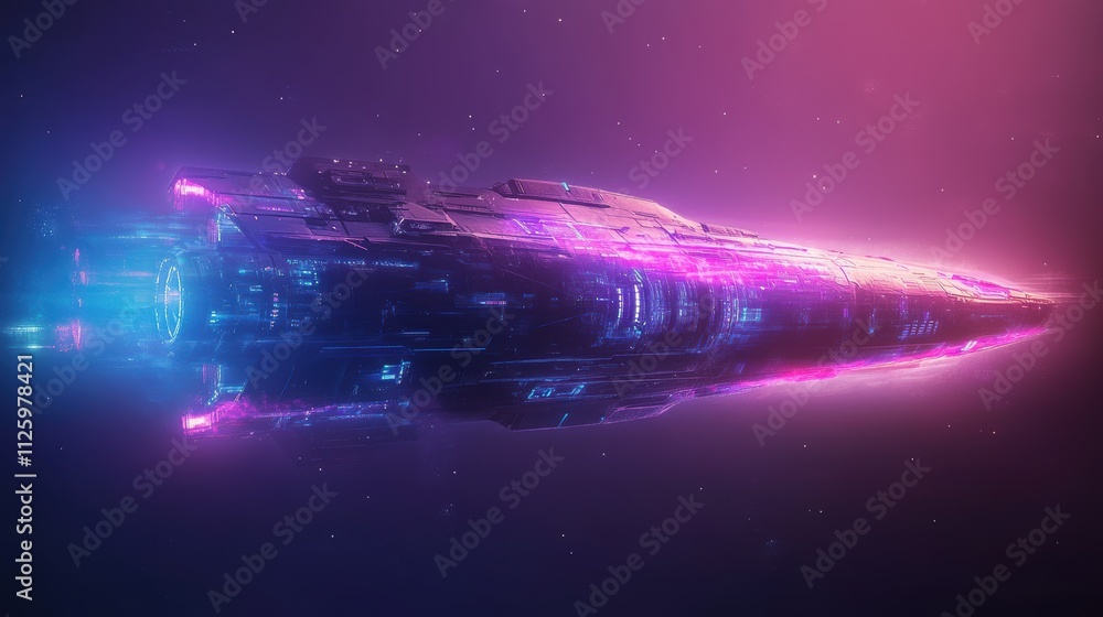 Poster futuristic spaceship design with glowing elements in a cosmic backdrop.