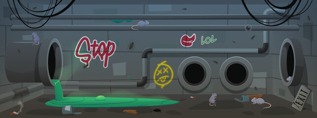 Vector illustration of abandoned sewer system with waste, cartoon game interface.