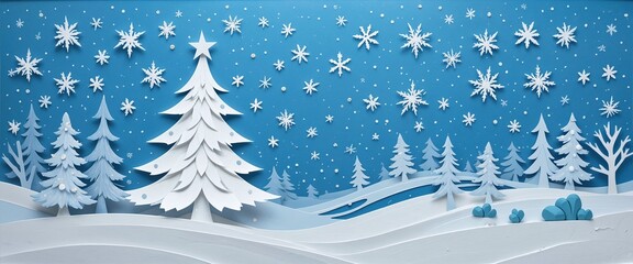Whimsical winter wonderland with paper-cut trees and snowflakes against a serene starry blue sky backdrop.