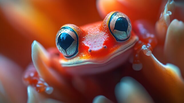 close-up of a vibrant red frog among colorful foliage