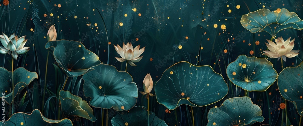 Poster water lilies on a dark teal background with subtle glowing elements, creating a serene and mystical 
