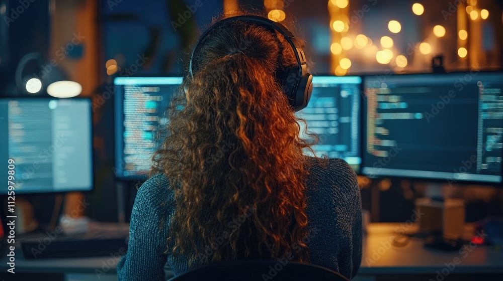 Poster woman programmer coding late at night, multiple monitors, headphones.