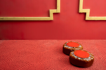 Chinese New Year rice cake or Nian Gao on the table. Also popular as Kue Keranjang or Dodol China