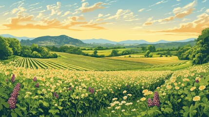 Serene sunset over rolling hills, vibrant wildflowers and vineyards. Ideal for wine labels, travel brochures, or showcasing rural beauty.