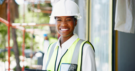 Black woman, engineer and portrait at construction site, happy and pride for career in city....