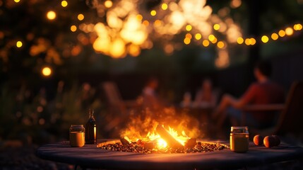 Cozy bonfire scene at night with string lights. Perfect for relaxation, summer, and outdoor themes.