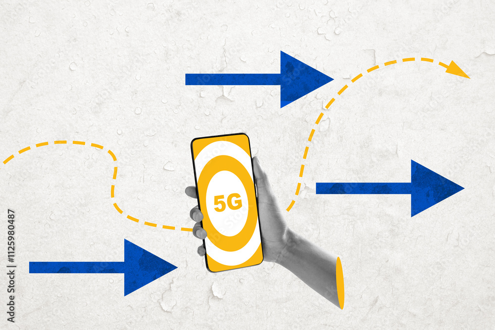 Poster a human hand holding a mobile phone with a 5g internet signal for internet fast connection symbol on