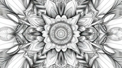 Intricate grayscale mandala, floral, symmetrical design.