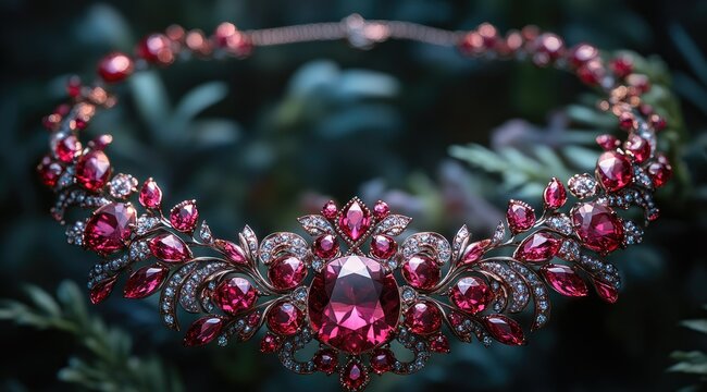 Elegant ruby and diamond necklace on dark green background.