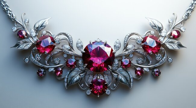 Elegant ruby and diamond necklace with ornate silver setting.