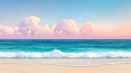 Fototapeta premium Tranquil ocean waves gently lapping on pale beige sand serene beach landscape calm environment peaceful viewpoint nature's beauty