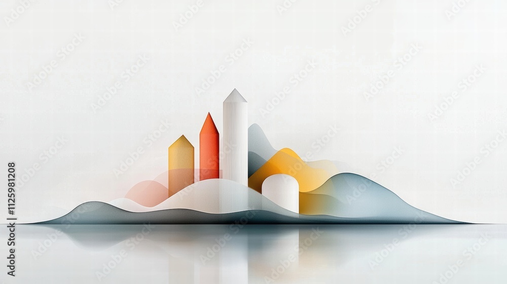 Poster a vibrant, abstract landscape featuring stylized mountains and geometric structures in soft colors, 