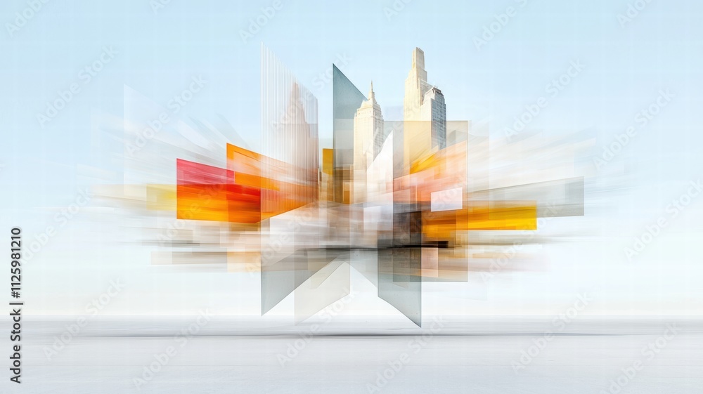 Poster a vibrant abstract representation of cityscapes, blending colors and shapes to create a dynamic, mod