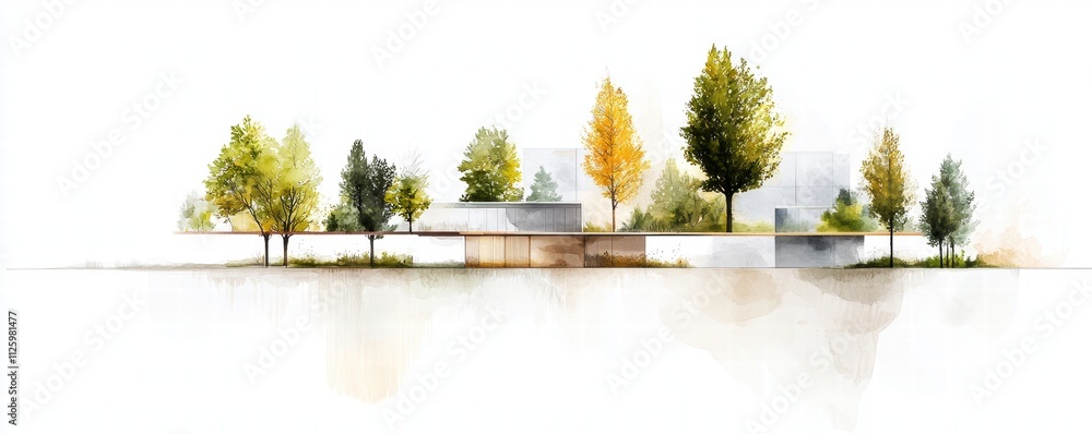 Poster a serene architectural rendering featuring modern structures surrounded by vibrant trees, showcasing