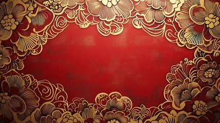 Red background with gold floral frame.